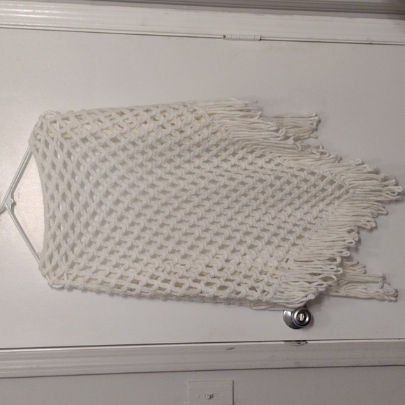 Handmade Crochet Cream Open Knit Shawl Boho Fringe Blanket Shawl - Picture 12 of 16